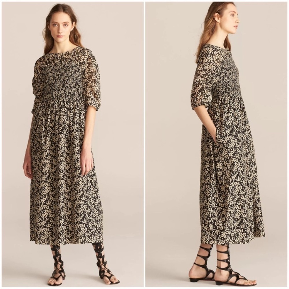 Rebecca Taylor | Ruched Oska Midi Smocked Silk Blend Dress Size Small